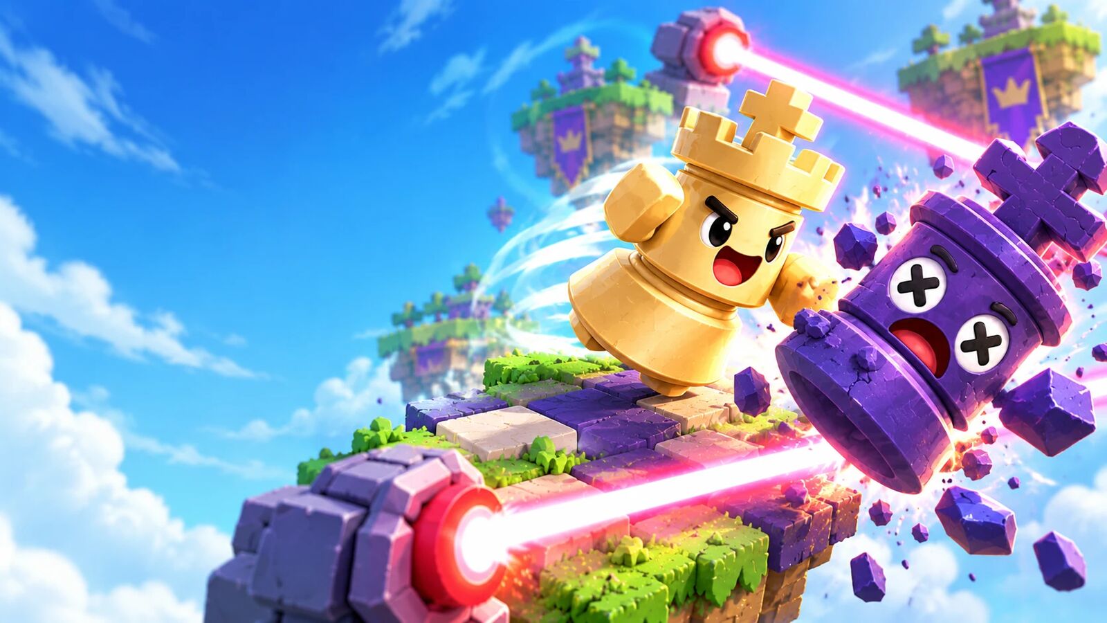 The golden rook knocks the purple king off a floating sky-island board in Capture The King
